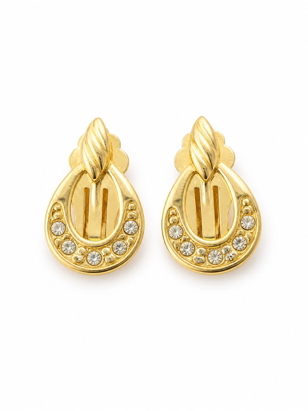 Vintage Gold Rhinestone Teardrop Clip-On Earrings Dainty Bridal Retro Statement